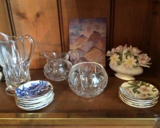 Glass sugar & creamer, pitcher, porcelain butter pats, capodimonte flowers