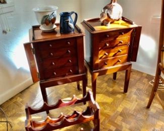 Wellington chests, wine rack, pottery