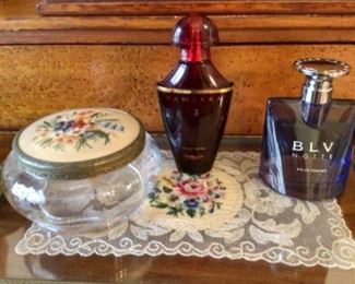 High end perfumes, lovely antique dresser items