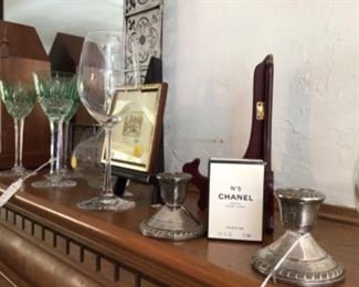 Sterling candle holders, bohemian goblets, Chanel no. 5, art, tin punch mirror