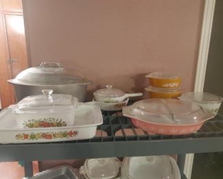 Aluminum roaster, Pyrex spilt vegetable pink dish