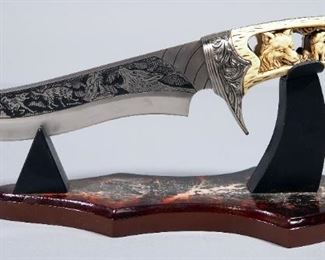 Wolf Themed Fixed Blade Knife With Dimensional Handle And Engraved Images On Blade, 7" Blade, On Display Stand