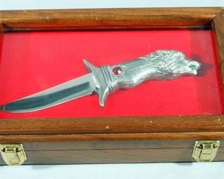 Custom Made Fixed Blade Knife With Wolf Head Pewter Hilt And Red Stone Accent, By Ricker, Numbered 63/775, 4.5" Blade, In Display Box
