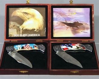 Military And Patriotic Themed Folding Knives In Display Cases, Qty 2