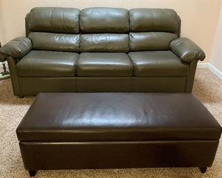Leather Factory Sofa Bed and Matching Chair                          Storage Ottoman