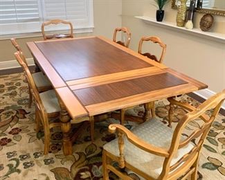 Walter & Co Refinished Antique Dining Table with 2 Built-in Leaves 42" x 66"/84"/102" (each leaf is 18")       6 Dining Chairs newly upholstered.