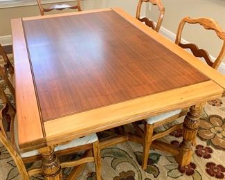 Shows Table with both leaves tucked away.               Walter & Co Refinished Antique Dining Table with 2 Built-in Leaves 42" x 66"/84"/102" (each leaf is 18")       6 Dining Chairs newly upholstered.