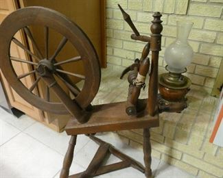 Spinning wheel and antique kerosene lamp with circular wick