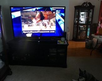 65" Sharp smart TV, TV stand cabinet, Samsung sound bar and subwoofer