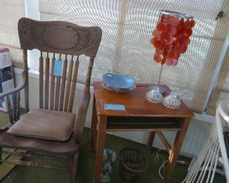 Bentwood rocker, old school desk, 60's style lamp, many Candlewick pieces