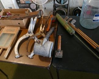 Vntage tools, Vintage ice tongs, Vintage sprayers, Old Wooden shafted golf clubs