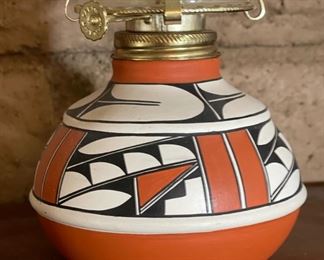 Native American Pueblo Pottery Oil Lamp Isleta, NM 12.5in H