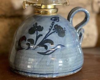 Signed Stoneware Oil Lamp 14in H
