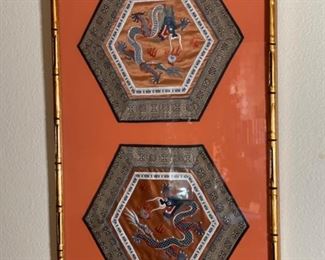 Chinese Silk Dragon Textiles Framed 29x18in