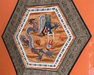 Chinese Silk Dragon Textiles Framed 29x18in