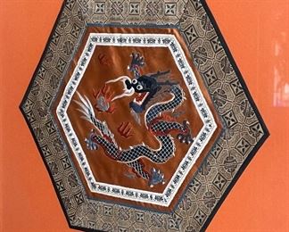 Chinese Silk Dragon Textiles Framed 29x18in