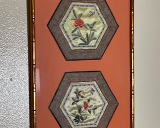 Chinese Silk Flower/Bees Textiles Framed 29x18in