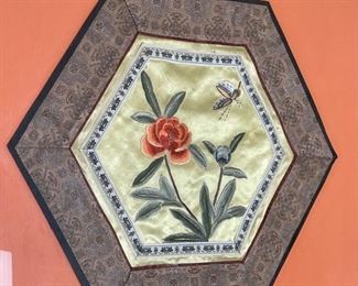 Chinese Silk Flower/Bees Textiles Framed 29x18in