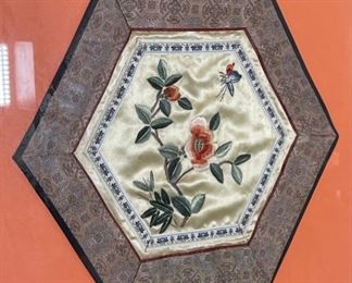 Chinese Silk Flower/Bees Textiles Framed 29x18in