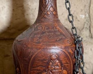 Don Quixote Embossed Leather Wrapped Bottle 10in H