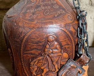 Don Quixote Embossed Leather Wrapped Bottle 10in H