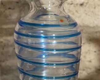 Blenko Spiral/Swirl Glass Vase Clear Applied Blue TALL 10in