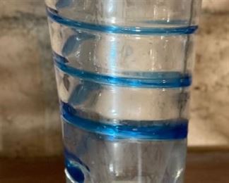 Blenko Spiral/Swirl Glass Vase Clear Applied Blue TALL 10in