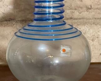 Blenko Spiral/Swirl Glass Vase Clear Applied Blue Short 6.5in