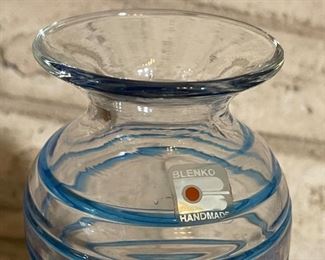 Blenko Spiral/Swirl Glass Vase Clear Applied Blue TALL 10in
