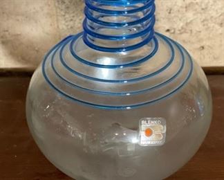 Blenko Spiral/Swirl Glass Vase Clear Applied Blue Short 6.5in