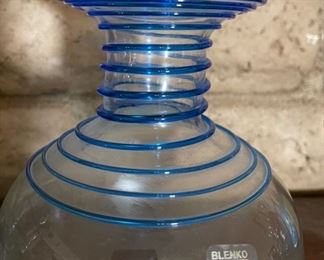 Blenko Spiral/Swirl Glass Vase Clear Applied Blue Short 6.5in