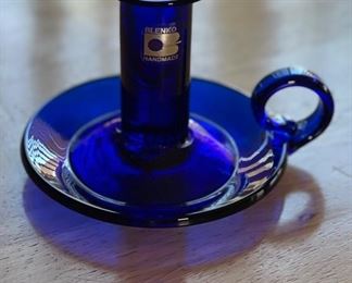 Blenko Glass Blue Chamber Candle Holder 4in H x 5in Diameter