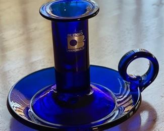 Blenko Glass Blue Chamber Candle Holder 4in H x 5in Diameter