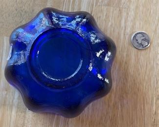 Blenko Glass Blue Lotus Bowl 3in H x 5.25in Diameter