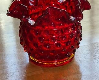 Fenton Red Hobnail Ruffle Vase Small 3in H x 4in Diameter