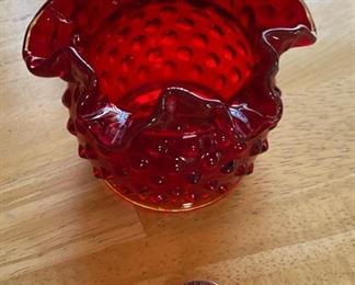 Fenton Red Hobnail Ruffle Vase Small 3in H x 4in Diameter