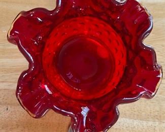 Fenton Red Hobnail Ruffle Vase Small 3in H x 4in Diameter