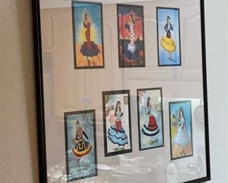 Framed Matted Spanish Elsi Gumier Spain Hand Embroidered Postcards 21x25in
