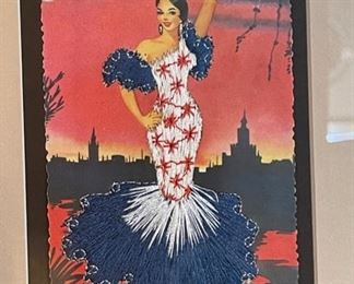 Framed Matted Spanish Elsi Gumier Spain Hand Embroidered Postcards 21x25in