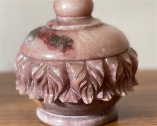 Spanish Carved Stone Lidded Trinket Box 5in H x 4.25in Diameter