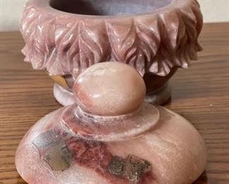 Spanish Carved Stone Lidded Trinket Box 5in H x 4.25in Diameter