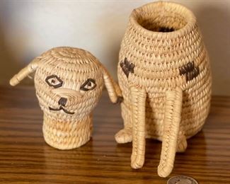 Papago Coil Basket Spotted Dog Tohono O'odham 7x4x7in HxWxD