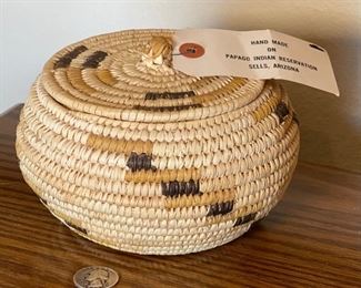 Papago Lidded Coil Basket Tohono O'odham 4in H x 6.25in Diameter