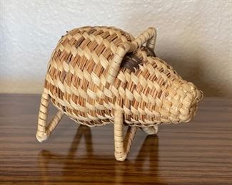 Papago Coil Basket Pig Tohono O'odham Native American 3x3x4.5in HxWxD
