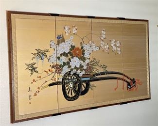 Japanese 4-Panel Silk Screen Flower Cart 36in H x 71in W