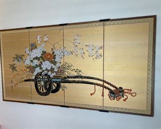 Japanese 4-Panel Silk Screen Flower Cart 36in H x 71in W
