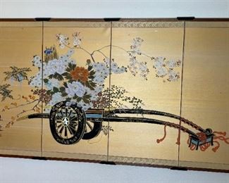 Japanese 4-Panel Silk Screen Flower Cart 36in H x 71in W
