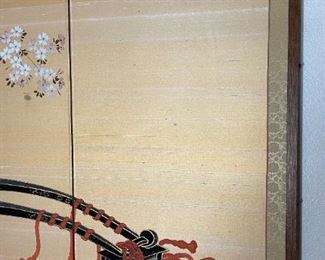 Japanese 4-Panel Silk Screen Flower Cart 36in H x 71in W