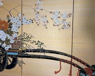 Japanese 4-Panel Silk Screen Flower Cart 36in H x 71in W