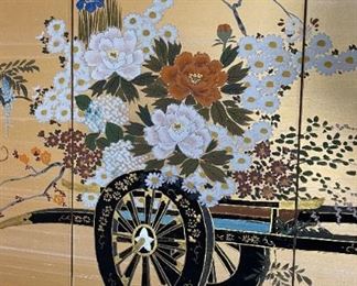 Japanese 4-Panel Silk Screen Flower Cart 36in H x 71in W